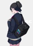  1girl absurdres back backpack bag beige_sweater black_backpack black_hair blazer blue_background blush book cable cameo character_print commentary_request covered_eyes cowboy_shot fami_(yellow_skies) game_console game_cover gamecube gamecube_controller highres holding holding_bag in_pocket jacket link long_hair neck_ribbon nintendo original original_character pink_neckwear pleated_skirt ponytail ribbon school_uniform shiny shiny_hair simple_background skirt sleeves_past_wrists sweater the_legend_of_zelda the_legend_of_zelda:_the_wind_waker toon_link 