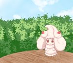  alcremie blue_sky bush chirun0 clouds day fire_emblem fire_emblem:_three_houses food fruit gen_8_pokemon open_mouth outdoors pokemon pokemon_(creature) red_eyes sky strawberry table 