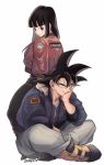  1boy 1girl alternate_costume arm_rest baggy_pants bangs black_eyes black_hair black_legwear blunt_bangs boots breast_pocket chi-chi_(dragon_ball) clothes_writing collarbone commentary_request couple dragon_ball dragon_ball_z eyelashes full_body grey_footwear grey_pants grin hair_down hand_on_another&#039;s_shoulder hand_on_own_cheek hand_on_own_face hand_rest highres hime_cut indian_style jacket long_hair looking_at_viewer looking_away looking_back muscle number open_clothes open_jacket pants pink_jacket pocket purple_jacket simple_background sitting sitting_on_person smile socks son_gokuu spiky_hair tama_azusa_hatsu tiptoes twitter_username white_background yellow_footwear 