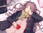  1girl bag bed_sheet black_jacket blush bow brown_eyes brown_hair closed_mouth commentary_request crying gift grey_skirt holding holding_gift jacket long_hair lying on_back original pillow plaid plaid_scarf red_bow scarf skirt solo tears urata_asao valentine 