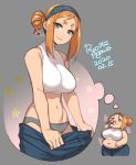  1girl 2020 agawa_ryou artist_name bare_shoulders belly blue_eyes breasts commentary dated denim fat grey_background grey_panties hair_bun jeans large_breasts looking_at_viewer midriff navel original panties pants plump signature simple_background smile smirk tank_top thick_eyebrows underwear weight_loss 