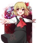  1girl ascot black_skirt blonde_hair blouse blush bow bowtie cravat eyebrows_visible_through_hair hair_bow hair_ribbon long_sleeves makotono_(makotono_00) open_mouth outstretched_arms red_bow red_eyes red_neckwear red_ribbon ribbon rumia shirt short_hair skirt skirt_set smile solo spread_arms star teeth touhou vest white_blouse white_shirt wing_collar 