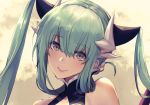  1girl alternate_hairstyle bare_shoulders clouds dragon_horns eyebrows_visible_through_hair fate/grand_order fate_(series) green_hair hair_ornament head_tilt horns kiyohime_(fate/grand_order) long_hair looking_at_viewer oukawa_yuu smile solo twintails yellow_eyes 
