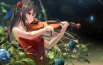  1girl bangs black_hair blue_flower blue_rose blurry blurry_background blurry_foreground closed_mouth dress floating_hair flower hair_between_eyes hair_flower hair_ornament hair_ribbon hairclip highres holding holding_instrument instrument kinoruru_toiro long_hair music original playing_instrument red_dress red_eyes red_flower red_ribbon red_rose ribbon rose shiny shiny_hair sleeveless sleeveless_dress smile solo standing strapless strapless_dress upper_body very_long_hair violin 
