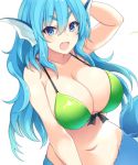  1girl :d bikini blue_eyes blue_hair eyebrows_visible_through_hair fang green_bikini hair_between_eyes hand_up head_fins long_hair looking_at_viewer matsunoki_(unknown_751) mermaid monster_girl navel open_mouth original simple_background smile solo swimsuit white_background 