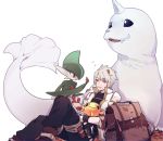  1boy autumn_leaves backpack bag black_gloves black_pants brown_footwear character_request chingling dewgong fangs gallade gen_1_pokemon gen_4_pokemon gloves horn male_focus nasnotte pants pokemon red_eyes simple_background sitting white_background white_hair 