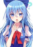 1girl ? alternate_hair_length alternate_hairstyle blue_bow blue_eyes blue_hair bow breasts cirno collarbone e.o. eyebrows_visible_through_hair finger_to_mouth hair_bow highres long_hair looking_at_viewer medium_breasts older open_mouth red_bow short_sleeves solo touhou upper_body 