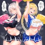  2girls ahoge arm_up armpits bangs blonde_hair blue_eyes blush breasts cheering cheerleader clothes_writing crop_top crop_top_overhang fate/apocrypha fate/grand_order fate_(series) highres jeanne_d&#039;arc_(alter)_(fate) jeanne_d&#039;arc_(fate) jeanne_d&#039;arc_(fate)_(all) large_breasts long_braid long_hair looking_at_viewer midriff miniskirt multiple_girls navel noinoise open_mouth pleated_skirt pom_poms shirt short_hair silver_hair skirt sleeveless sleeveless_shirt smile speech_bubble translation_request very_long_hair yellow_eyes 