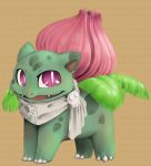 brown_background commentary creature english_commentary full_body gen_1_pokemon ivysaur madcookiefighter no_humans pink_eyes pokemon pokemon_(creature) scarf simple_background solo standing white_scarf 