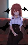  1girl arm_behind_back bangs black_skirt blurry blurry_background breasts commentary_request corset couch demon_wings eyebrows_visible_through_hair futatsuki_eru hair_between_eyes head_wings indoors koakuma long_hair looking_at_viewer medium_breasts red_eyes redhead shirt short_sleeves sitting skirt smile solo touhou very_long_hair white_shirt wings 