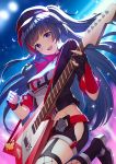  1girl :d black_gloves black_hair black_jacket black_shorts braid breasts cabbie_hat commentary_request cropped_jacket electric_guitar fishnet_legwear fishnets fukuro_ko_(greentea) gloves guitar hat highres hip_vent holding holding_instrument honkai_(series) honkai_impact_3rd instrument jacket leg_up long_hair looking_at_viewer medium_breasts midriff open_clothes open_jacket open_mouth partly_fingerless_gloves raiden_mei shirt shoes short_shorts short_sleeves shorts smile solo two_side_up very_long_hair violet_eyes white_shirt 
