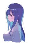  1girl absurdres blue_hair blush breasts closed_mouth cropped_torso from_side grey_sweater highres large_breasts long_hair looking_at_viewer nagisa_kurousagi original simple_background solo sweater violet_eyes white_background 