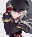  1girl azur_lane bangs black_cape cape closed_mouth crossed_bangs dutch_angle earrings epaulettes fingerless_gloves from_above gloves grey_background grey_hair hair_between_eyes hat jewelry kinu_(azur_lane) looking_at_viewer low_ponytail medium_hair military military_hat military_uniform peaked_cap red_gloves solo uniform wawawatasi yellow_eyes 