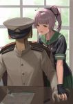  1girl :d black_gloves black_jacket black_ribbon brown_eyes chair desk gloves green_sailor_collar green_skirt hair_flaps hair_ornament hair_ribbon hands_together hat highres indoors jacket kantai_collection long_hair military military_hat military_jacket military_uniform naval_uniform neck_ribbon on_chair open_clothes open_jacket open_mouth partly_fingerless_gloves peaked_cap pink_hair pleated_skirt ponytail red_ribbon remodel_(kantai_collection) ribbon sailor_collar school_uniform serafuku short_sleeves sitting skirt smile standing t-head_admiral table tantaka trembling uniform very_long_hair white_gloves white_headwear white_jacket window yura_(kantai_collection) 