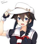  1girl :d black_shirt blue_eyes blush bow brown_hair dated eyebrows_visible_through_hair fingerless_gloves gloves hair_between_eyes hair_bow hair_ornament hand_on_headwear hand_up hat kantai_collection looking_at_viewer matsunoki_(unknown_751) neckerchief open_mouth red_bow red_neckwear shigure_(kantai_collection) shirt short_sleeves signature simple_background smile solo tassel upper_body white_background white_headwear 