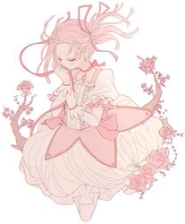  1girl blush branch bubble_skirt cherry_blossoms choker chromatic_aberration closed_eyes closed_mouth cropped_legs crying flat_chest floating_hair flower frilled_skirt frilled_sleeves frills furrowed_eyebrows gloves hair_down hair_ribbon hair_tie_in_mouth highres kaname_madoka kono_yo_no_inga_wo_hazureta_mono leaf mahou_shoujo_madoka_magica mouth_hold pink_flower pink_hair pink_ribbon pink_rose pink_theme puffy_short_sleeves puffy_sleeves red_choker ribbon ribbon_choker rose sad short_sleeves simple_background skirt solo soul_gem tears tree_branch untied untying white_background white_gloves white_skirt 