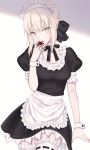  1girl apron artoria_pendragon_(all) bangs black_bow black_dress black_ribbon blonde_hair blush bow braid breasts chocolate choker dress fate/stay_night fate_(series) food french_braid frilled_choker frills fruit hair_between_eyes hair_bow highres long_hair looking_at_viewer maid maid_headdress meltymaple neck_ribbon pale_skin puffy_short_sleeves puffy_sleeves ribbon saber_alter short_sleeves sidelocks small_breasts solo strawberry tasting thigh-highs thighs tongue tongue_out waist_apron white_apron wrist_cuffs yellow_eyes 