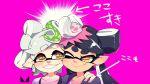  +_+ 2girls ;) aori_(splatoon) artist_logo brown_eyes casual cheek-to-cheek chichi_band closed_mouth commentary cousins domino_mask earrings eyebrows_visible_through_hair food food_on_head grin hand_on_another&#039;s_shoulder hotaru_(splatoon) jewelry long_hair looking_at_another mask mole mole_under_eye multiple_girls object_on_head one_eye_closed pointy_ears purple_background sharp_teeth short_hair side-by-side silver_hair simple_background smile splatoon_(series) splatoon_2 sushi teeth tentacle_hair translated 