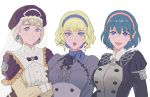  3girls adz_lrp blonde_hair blue_eyes blue_hair blue_hairband byleth_(fire_emblem) byleth_eisner_(female) constance_von_nuvelle crossed_arms earrings fire_emblem fire_emblem:_three_houses garreg_mach_monastery_uniform hairband hat jewelry long_sleeves medium_hair mercedes_von_martritz multicolored_hair multiple_girls open_mouth parted_lips pink_hairband purple_hair short_hair simple_background uniform upper_body white_background 