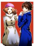  2girls beret blue_coat braid breasts brown_gloves brown_hair coat cowboy_shot crown_braid fur-trimmed_coat fur-trimmed_collar fur-trimmed_sleeves fur_trim gloves hat highres leather leather_gloves lips long_sleeves looking_at_viewer medium_breasts multiple_girls nakano_maru niijima_makoto okumura_haru open_mouth orange_hair persona persona_5 pink_headwear red_background red_eyes ribbed_sweater short_hair simple_background smile sweater turtleneck violet_eyes waving 