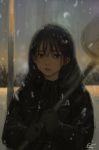  1girl bangs black_eyes black_gloves black_hair coat forest gloves long_hair looking_at_viewer nature night night_sky original outdoors parted_lips sky snow snow_shovel snowing solo winter_clothes winter_coat yureru_(junn7603) 