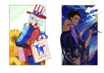  2boys 676643396dolce alternate_hairstyle american_flag american_flag_print animal animal_on_shoulder arjuna_alter bag black_hair bodysuit dark_skin dark_skinned_male fate/apocrypha fate/extra fate/extra_ccc fate_(series) flag_print flower full_moon hair_slicked_back hat highres indian_clothes kameez karna_(fate) monkey moon multiple_boys muppets pale_skin pipe shopping_bag smoke stuffed_animal stuffed_toy sunflower top_hat white_hair 