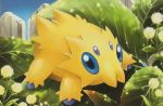  blue_eyes creature day fence full_body gen_5_pokemon himeno_kagemaru joltik no_humans official_art outdoors plant pokemon pokemon_(creature) pokemon_trading_card_game solo third-party_source wooden_fence 