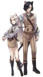  1boy 1girl animal_ears black_hair boots cat_ears closed_mouth edelgard_von_hresvelg fire_emblem fire_emblem:_three_houses garreg_mach_monastery_uniform hair_ribbon hubert_von_vestra knee_boots long_hair long_sleeves pants ribbon scabbard sheath sheathed short_hair simple_background suikomu_now sword twitter_username uniform violet_eyes weapon white_background white_hair 