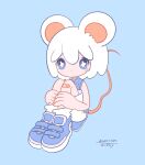  +_+ 1girl animal_ears bandaid bandaid_on_knee blue_background blue_eyes blue_footwear bright_pupils dated expressionless highres knees_up mouse_ears mouse_tail no_nose original shirt shoes shorts signature simple_background sleeveless sleeveless_shirt solo symbol-shaped_pupils tail white_pupils white_shorts zukky000 