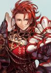  1boy armor granblue_fantasy hankuri looking_at_viewer male_focus pauldrons percival_(granblue_fantasy) red_eyes redhead simple_background smile solo 