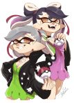 +_+ 2girls alternate_hairstyle artist_name black_hair black_jacket breasts brown_eyes callie_(splatoon) choker company_connection cosplay cousins domino_mask dress earrings fangs gradient_hair green_dress green_hair grey_hair grin hair_ribbon hand_on_hip highres holding holding_poke_ball isamu-ki_(yuuki) jacket jewelry long_hair long_sleeves looking_at_viewer marie_(splatoon) mary_(pokemon)_(cosplay) mask medium_breasts medium_hair mole mole_under_eye multicolored_hair multiple_girls nintendo open_clothes open_jacket open_mouth pendant pink_dress pink_hair pointy_ears poke_ball pokemon pokemon_(game) pokemon_swsh red_ribbon ribbon sharp_teeth short_dress signature simple_background smile splatoon_(series) splatoon_2 standing teeth tentacle_hair twintails undercut white_background