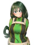  1girl arms_behind_back asui_tsuyu blush_stickers bodysuit boku_no_hero_academia breasts closed_mouth covered_navel green_bodysuit green_eyes green_hair hair_between_eyes highres karan large_breasts long_hair simple_background solo white_background 
