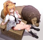  1girl animal animal_ears arknights arm_support bandages bandaid_on_cheek black_footwear black_legwear blonde_hair breasts brown_eyes clothes_around_waist collar collarbone collared_shirt crate crossed_legs dress_shirt from_above highres holding_lollipop jacket_around_waist kneehighs large_breasts lion lion_ears long_hair miniskirt narynn necktie plaid plaid_skirt pleated_skirt ponytail red_skirt shirt shoes siege_(arknights) sitting skirt solo thighs white_shirt 