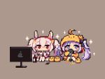  2girls ahoge animal_ears azur_lane blue_eyes bottle chibi commentary controller hair_between_eyes hair_ornament hairband ino_futon jacket jupiter_(azur_lane) laffey_(azur_lane) long_hair long_sleeves manjuu_(azur_lane) multiple_girls object_hug pajamas pixel_art purple_hair rabbit_ears red_eyes remote_control sitting star stuffed_torpedo stuffed_toy torpedo toy twintails watching_television white_legwear 