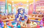  asari_nanami blue_eyes blue_hair blush chocolate dress idolmaster_cinderella_girls_starlight_stage long_hair smile sweets 