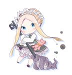  1girl abigail_williams_(fate/grand_order) bangs black_dress black_footwear blonde_hair blue_eyes blush braid butterfly_hair_ornament chibi closed_mouth colored_shadow commentary_request dress drop_shadow eyebrows_visible_through_hair fate/grand_order fate_(series) forehead full_body hair_ornament heart heroic_spirit_festival_outfit homurabi long_sleeves looking_at_viewer parted_bangs shadow shirt sidelocks sleeveless sleeveless_dress sleeves_past_fingers sleeves_past_wrists smile solo stuffed_animal stuffed_toy teddy_bear tentacles white_background white_shirt 