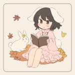  1girl animal_ears autumn_leaves black_hair blush_stickers book border bunny_tail commentary_request dress falling_leaves frills ginkgo_leaf holding holding_book inaba_tewi inazakura00 leaf leaf_on_head long_sleeves pink_dress rabbit rabbit_ears reading short_hair sitting smile tail touhou wide_sleeves 