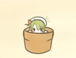  1girl :&lt; beige_background blush chibi commentary_request flower_knight_girl flower_pot flying_sweatdrops green_hair hair_between_eyes hat in_container jitome koti looking_at_viewer partial_commentary saboten_(flower_knight_girl) short_hair solid_oval_eyes solo white_headwear 