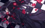  1girl anemone_(flower) bangs black_eyes black_hair checkered checkered_floor flower harusame_sigu8 highres long_hair lying on_side original petals red_eyes red_flower reflection solo 