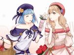  2girls basket blonde_hair blue_hair bow braid brown_eyes closed_eyes dress faye_(fire_emblem) fire_emblem fire_emblem_echoes:_shadows_of_valentia fire_emblem_heroes flower hair_bow hat holding long_hair multiple_girls open_mouth same2725 short_hair silque_(fire_emblem) twin_braids upper_body 