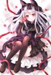  1girl animal_hood azur_lane bangs bed_sheet belt_boots black_bow black_dress black_footwear blush boots bow bowtie box breasts commentary_request convenient_leg cross cross-laced_clothes cross_necklace dress erebus_(azur_lane) eyebrows_visible_through_hair frilled_sleeves frills full_body gift gothic_lolita heart heart-shaped_box hidamari_(hi_da_mari123) holding holding_gift hood hood_up jewelry knees_up layered_dress lolita_fashion long_hair long_sleeves looking_at_viewer lying necklace on_back on_bed platform_boots red_eyes red_ribbon ribbon shadow sidelocks signature small_breasts smile solo thigh-highs valentine wedding_dress white_hair zettai_ryouiki 