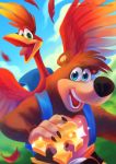  :d backpack bag banjo-kazooie banjo_(banjo-kazooie) bear bird blue_eyes blue_sky claws clouds cloudy_sky commentary day english_commentary eyelashes firequill grass green_eyes happy holding kazooie_(banjo-kazooie) looking_at_viewer no_humans open_mouth outdoors signature sky smile 
