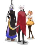  1girl 2boys 676643396dolce absurdres ahoge alternate_hairstyle arjuna_alter braid cape dress dress_bow fate/apocrypha fate/grand_order fate_(series) formal fujimaru_ritsuka_(female) hair_slicked_back high_heels highres horns indian_clothes karna_(fate) long_hair multiple_boys orange_dress orange_hair pantyhose pleated_skirt red_cape sandals side_ponytail skirt suit tail white_hair 