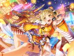 1girl bang_dream! blonde_hair blush chinese_architecture chinese_clothes dress east_asian_architecture eastern_dragon holding_microphone lantern long_hair looking_at_viewer microphone night night_sky official_art open_mouth panda_hair_ornament smile solo star_(sky) traditional_clothes tsurumaki_kokoro yellow_eyes