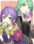  2girls armor bernadetta_von_varley box byleth_(fire_emblem) byleth_eisner_(female) closed_mouth fire_emblem fire_emblem:_three_houses gift gift_box gloves green_eyes green_hair grey_eyes holding long_sleeves medium_hair multiple_girls purple_hair simple_background tori55nigen twitter_username upper_body valentine yellow_gloves 