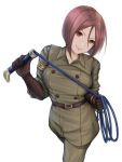  1girl breasts brown_eyes brown_hair closed_mouth gloves highres looking_at_viewer military military_uniform nyatokanyaru short_hair simple_background solo the_king_of_fighters uniform whip whip_(kof) white_background 