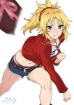  1girl belt blonde_hair blush clenched_hands cropped_jacket cutoff_jeans cutoffs denim denim_shorts fate/grand_order fate_(series) green_eyes highres incoming_gift jewelry mordred_(fate)_(all) navel necklace nose_blush panties pink_ribbon ponytail red_background red_panties red_scrunchie ribbon scrunchie shorts solo suna tearing_up throwing tsundere underwear valentine white_background 