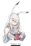  1girl animal_ears arknights bare_shoulders box chinese_commentary commentary_request cropped_torso detached_sleeves eyebrows_visible_through_hair frostnova_(arknights) grey_eyes grey_sweater hair_ornament hair_over_one_eye hairclip holding holding_box long_hair long_sleeves rabbit_ears sidelocks silver_hair simple_background sleeves_past_wrists solo sweater upper_body valentine white_background xion32 