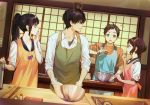  2boys 2girls :o apron bangs black_hair blue_apron bowl brown_hair chitanda_eru closed_mouth collar collarbone collared_shirt cooking eggplant fukube_satoshi gloves green_apron green_eyes green_shirt hair_between_eyes hand_on_own_face holding holding_bowl hyouka ibara_mayaka indoors kitchen long_hair looking_at_another mery_(apfl0515) multiple_boys multiple_girls open_mouth orange_apron orange_shirt oreki_houtarou pink_apron ponytail school_uniform see-through serafuku shirt short_hair short_sleeves sleeves_rolled_up standing sweat sweatdrop transparent_gloves upper_body violet_eyes watermark white_shirt yellow_eyes 