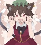  1girl animal_ears black_neckwear bow bowtie brown_hair cat_ears cat_tail chen claw_pose fang fangs flipped_hair green_headwear hat highres jewelry mob_cap multiple_tails nekomata pillow_hat red_eyes red_skirt red_vest shirt short_hair short_sleeves single_earring skirt skirt_set solo surumeri_(baneiro) tail touhou two_tails vest white_shirt 